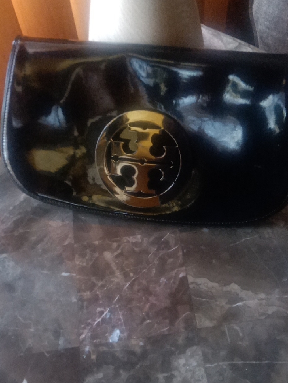 Tory Burch Black Patent Leather Clutch with Gold Logo